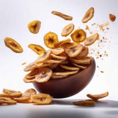 Banana chips falling into a wooden bowl on a white background.の素材