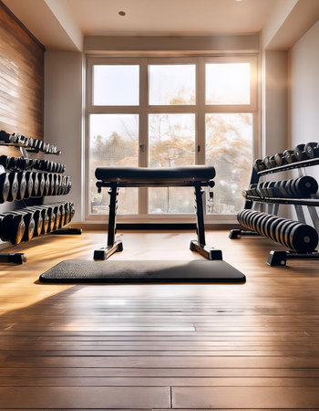 Interior of a modern gym with fitness equipment. 3d renderingの素材
