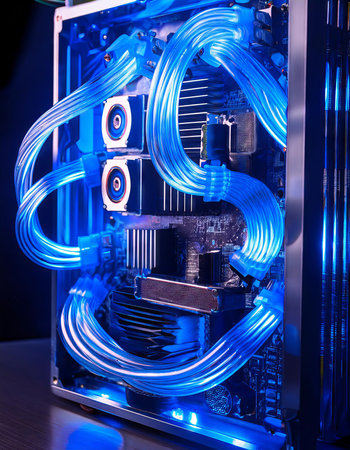 Close up of a power supply in a server room with blue lightの素材