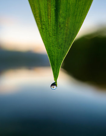 Water drop on bamboo leaf with reflection on the water. Natural background.の素材