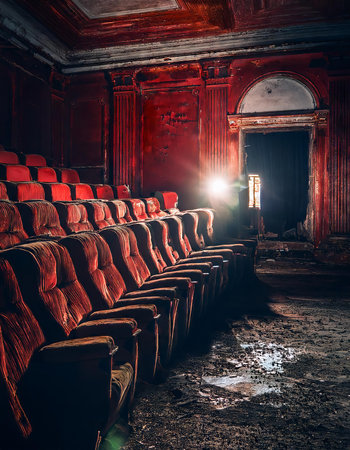 Empty cinema hall with red seats and projector lights, toned imageの素材