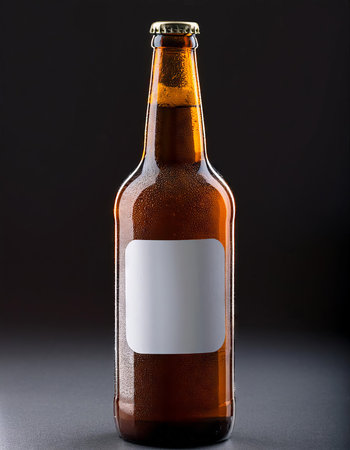 Beer bottle with blank label isolated on black background. Copy space.の素材