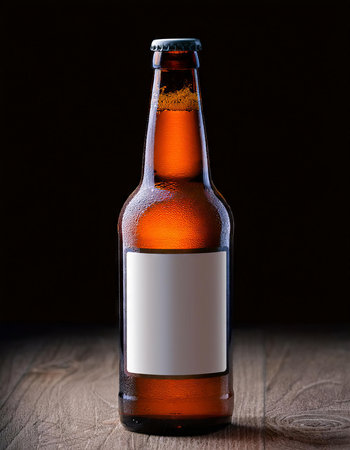 bottle of beer with blank label on wooden table, black backgroundの素材