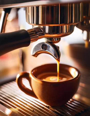 coffee machine making espresso in a cafe, shallow depth of fieldの素材