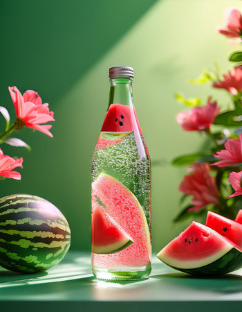 Watermelon in a bottle on a green background with flowers and leavesの素材