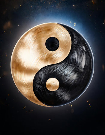 Yin and Yang symbol in black and gold on a dark backgroundの素材