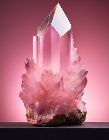 Natural quartz crystal on pink background with copy space, close up.の素材