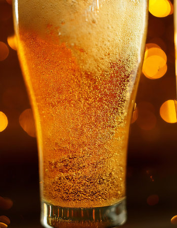 glass of beer with bubbles on a bokeh background close upの素材