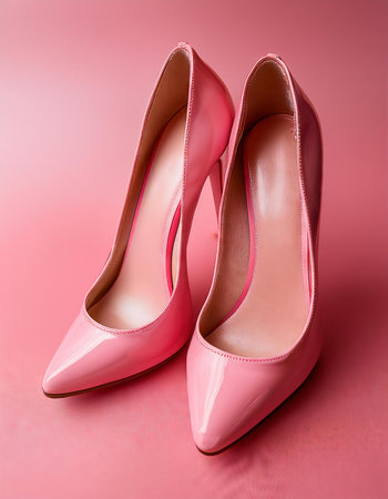 Pink high heel shoes isolated on a pink background. Wedding shoes.の素材