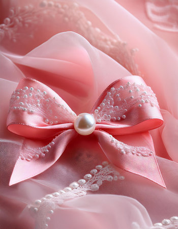 Wedding bow on pink satin fabric with pearls.の素材