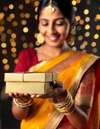 indian woman holding a gift box with bokeh on backgroundの素材
