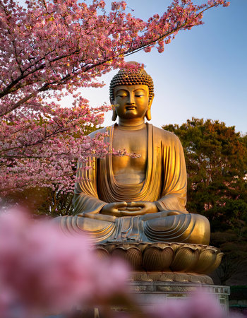 Buddha statue with pink sakura blossom in the parkの素材