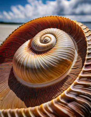 close up of a conch shell on a sandy beach by the seaの素材