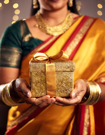 Gift box in the hands of an indian woman in a sariの素材