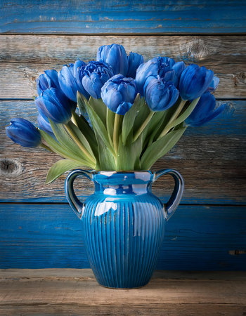 Blue tulips bouquet in blue vase on wooden background.の素材