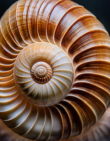 A closeup shot of a spiral shell in the shape of a snailの素材