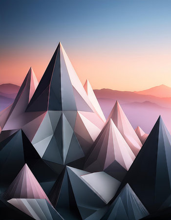 3D abstract background with low poly mountains and blue sky. Vector illustration.の素材