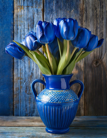 Blue tulips bouquet in blue vase on old wooden backgroundの素材