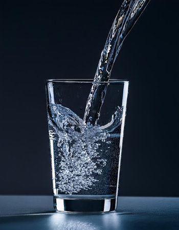 Pouring water into glass with ice cubes on a dark background.の素材