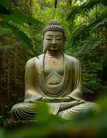 Buddha statue in the green forest, closeup of photoの素材