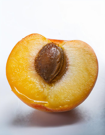 Half of a peach on a white background, close-up.の素材