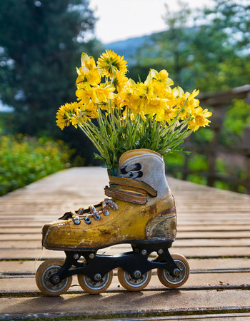 Roller skates and bouquet of yellow daffodils on wooden bridgeの素材
