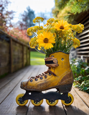 Retro roller skates and bouquet of yellow flowers on wooden deckの素材