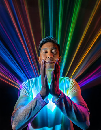 Portrait of young Asian man praying in front of colorful laser lightsの素材
