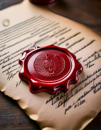 A wax seal on a sheet of paper with the inscriptions.の素材