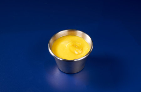 A portion of fried chicken with yellow mustard sauce close-upの写真素材