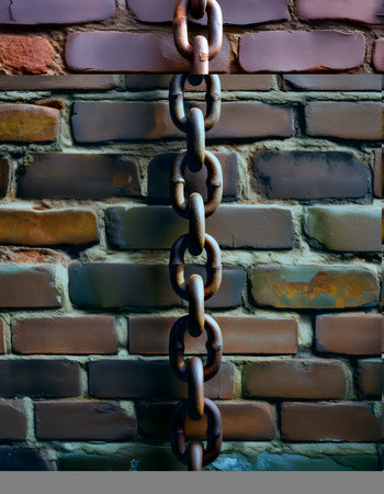 Rusty chain on a brick wall background. Selective focus.の素材