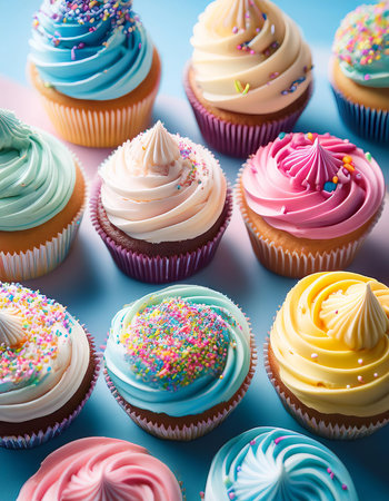 Cupcakes with colorful sprinkles on blue background. Close-up.の素材