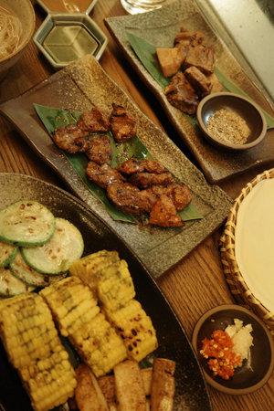 Delicious Korean BBQ, grilled thinly sliced beef tongueの写真素材