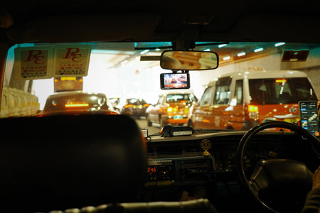 Close-up of the interior of an urban taxi in Hong Kong, China