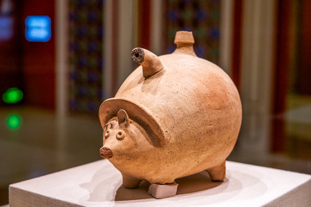 Pottery containers from ancient Syrian civilization displayed in the museumの写真素材