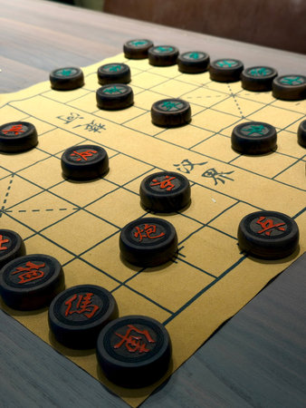 A beautiful Chinese chess board and piecesの写真素材