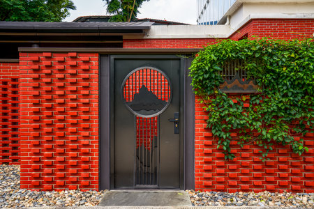 Modern red brick art design architecture in the cityの写真素材