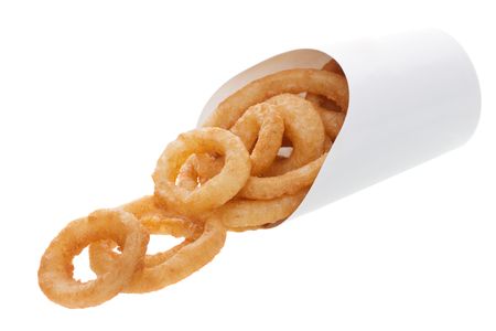 Onion Rings From a Fast Food Restaurant spilling from containerの写真素材