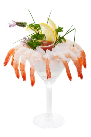 Chilled Shrimp cocktail on a white backgroundの写真素材