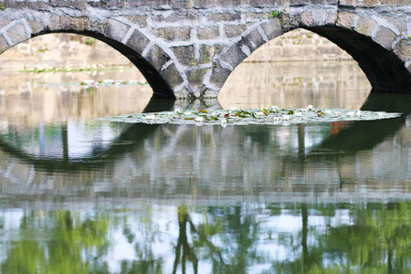 lotus pond and stone arch bridgeの写真素材