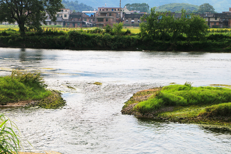 a quiet river flowing in the summerの写真素材