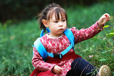 Cute little girl catching grassの写真素材