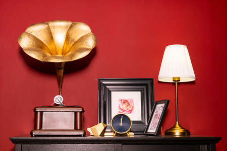 Table lamp and phonograph on the cabinetの写真素材