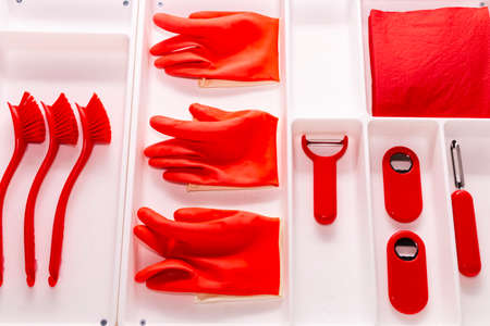 Rubber gloves on the tableの写真素材