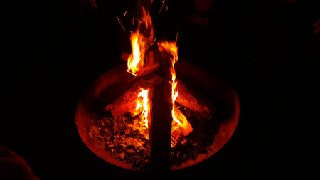 Burning fire in a fireplace at night. Close up.