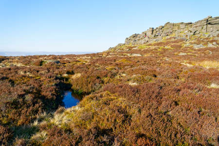 Dense heather and grass covers the hillside below Stanage Edge on a bright misty winter morning