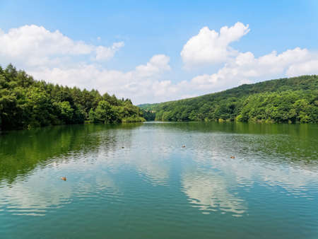 Blue skies and lush woodland reflected in the water of Linacre Reservoirの写真素材