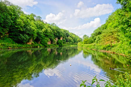 Early morning sky reflected in the still water of a tree lined lake at Cresswell Crags