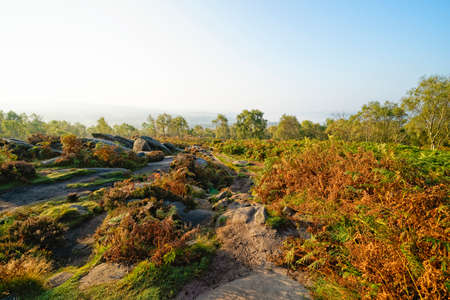 Among the rocks, heather and ferns high on Surprise View, Derbyshire, on a misty autumn morning.