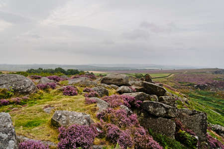 Overcast , gloomy day among the rocks and heather in the Derbyshire Peak Districtの写真素材